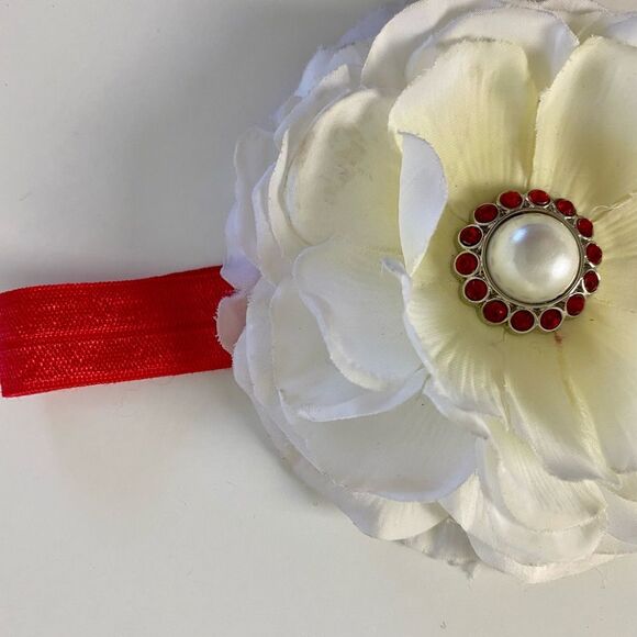 Christmas White Flower Headband Red Rhinestone Pearl Center Holiday Girls Baby - Picture 4 of 7